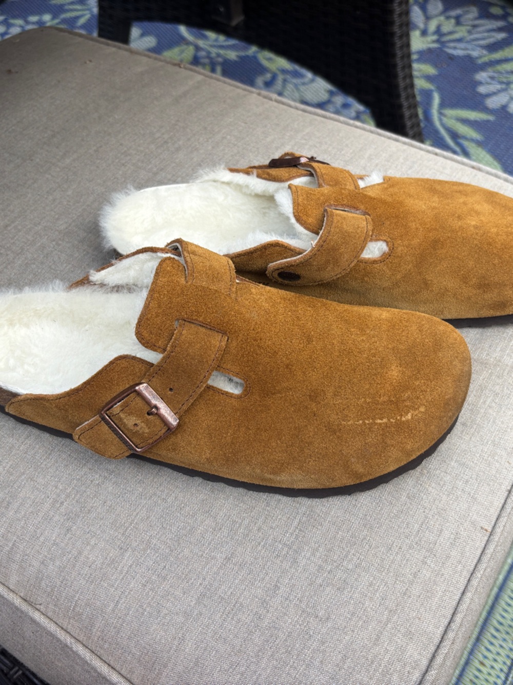 Birkenstock Shearling-Lined Suede Clogs in Chestnut Brown